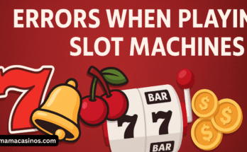 Common mistakes in slot machine play illustrated with warning icons, spinning reels, and symbols showing player errors.