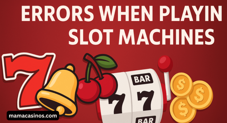 Common mistakes in slot machine play illustrated with warning icons, spinning reels, and symbols showing player errors.