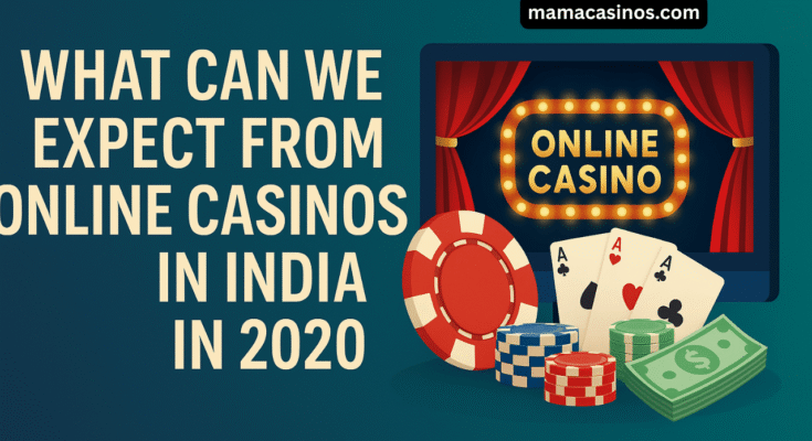 Online casino trends in India for 2020 shown with gaming icons, mobile devices, and digital gambling elements.