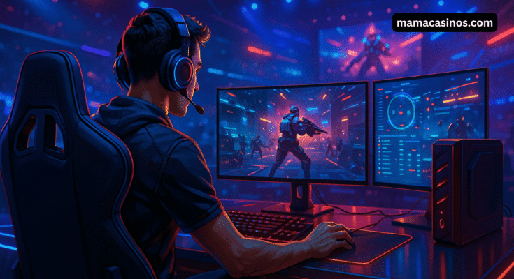 Professional gamer focused on an esports match using a multi-monitor RGB gaming setup.