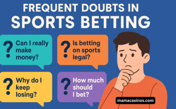 Infographic explaining frequent doubts in sports betting with icons for odds, bankroll, and strategies.