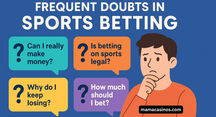Infographic explaining frequent doubts in sports betting with icons for odds, bankroll, and strategies.
