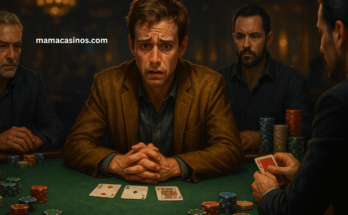 Poker player showing clear tells with nervous hands and stressed facial expressions at a casino table surrounded by opponents.