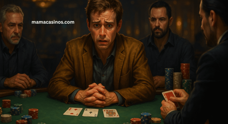 Poker player showing clear tells with nervous hands and stressed facial expressions at a casino table surrounded by opponents.