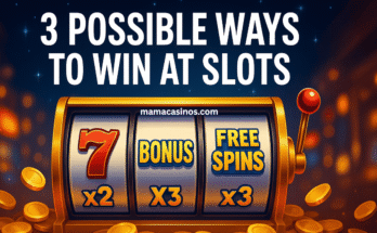 Three possible ways to win at slots shown through a slot machine displaying 7, bonus, and free spins symbols with gold coins