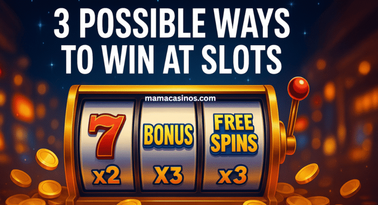 Three possible ways to win at slots shown through a slot machine displaying 7, bonus, and free spins symbols with gold coins
