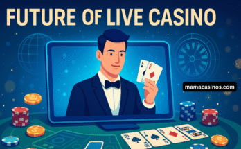 Futuristic live casino concept with a virtual dealer, digital cards, roulette elements, and holographic gaming interface