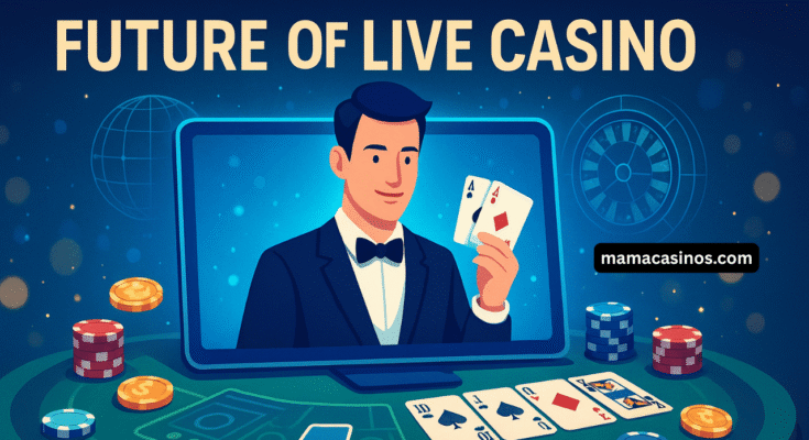 Futuristic live casino concept with a virtual dealer, digital cards, roulette elements, and holographic gaming interface
