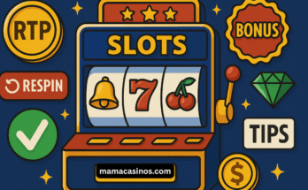 Online slot machine illustration featuring spinning reels, bonus icons, and jackpot symbols in a colorful casino-themed layout.