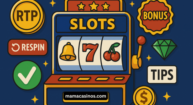 Online slot machine illustration featuring spinning reels, bonus icons, and jackpot symbols in a colorful casino-themed layout.