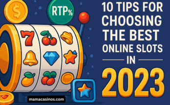 Online slot machine illustration showing reels, bonus icons, and 2023 slot selection tips.