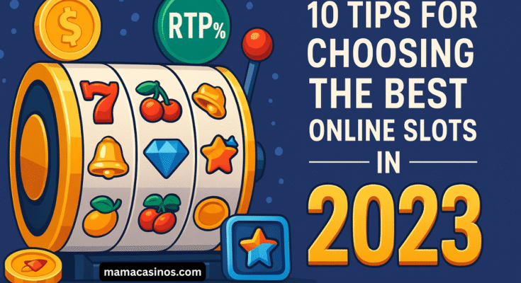 Online slot machine illustration showing reels, bonus icons, and 2023 slot selection tips.