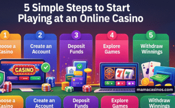 Infographic showing five steps to start playing at an online casino, including choosing a casino, creating an account, depositing funds, exploring games, and withdrawing winnings.
