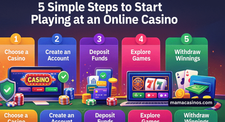 Infographic showing five steps to start playing at an online casino, including choosing a casino, creating an account, depositing funds, exploring games, and withdrawing winnings.
