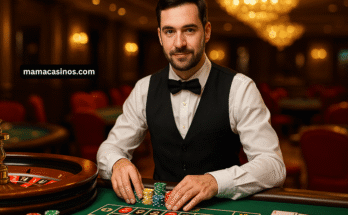 Professional casino croupier managing chips at a roulette table.