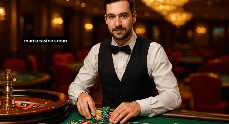 Professional casino croupier managing chips at a roulette table.