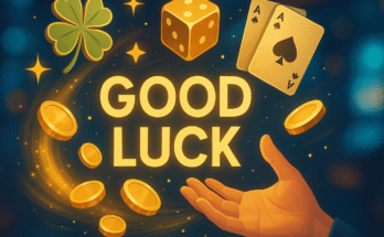 Good luck gaming banner with floating dice, clover, coins, and magical glow