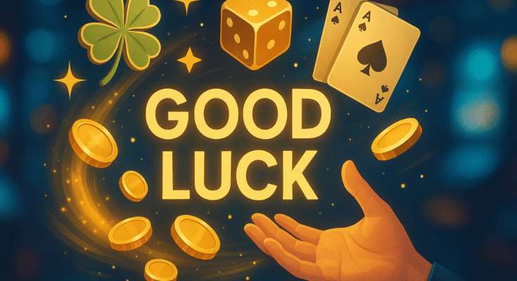 Good luck gaming banner with floating dice, clover, coins, and magical glow