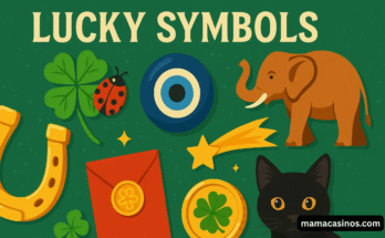 Lucky symbols illustration featuring a four-leaf clover, ladybug, evil eye, elephant, horseshoe, red envelope, shooting star, gold coin, and black cat.