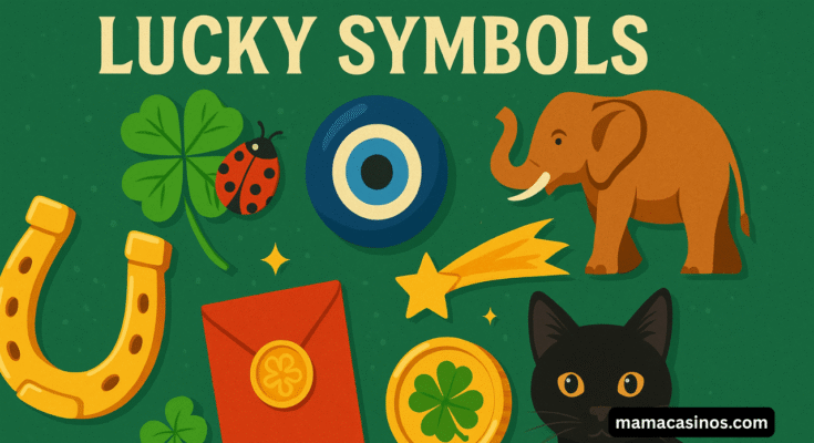 Lucky symbols illustration featuring a four-leaf clover, ladybug, evil eye, elephant, horseshoe, red envelope, shooting star, gold coin, and black cat.