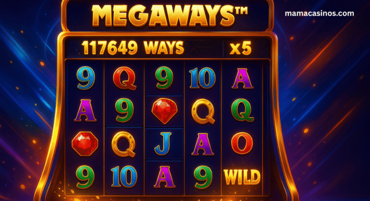 Megaways slots with cascading reels, multipliers, and thousands of ways to win displayed in a colorful digital slot machine design