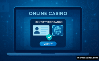Online casino identity verification screen with ID and fingerprint icons on a laptop.