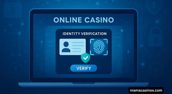 Online casino identity verification screen with ID and fingerprint icons on a laptop.