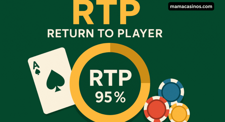 RTP Return to Player graphic showing a 95% RTP chart with playing card and poker chips.