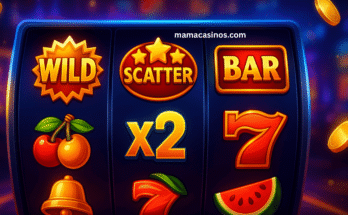 Slot machine reel showing Wild, Scatter, Multiplier, and Bar symbols to explain slot symbol meanings