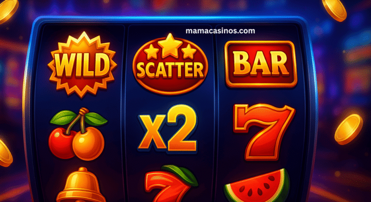 Slot machine reel showing Wild, Scatter, Multiplier, and Bar symbols to explain slot symbol meanings