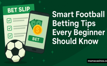 Infographic with football betting tips showing strategy icons, match analysis symbols, and a football field background.