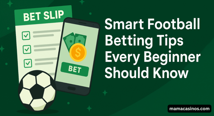 Infographic with football betting tips showing strategy icons, match analysis symbols, and a football field background.