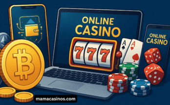 Digital illustration showing cryptocurrency coins and online casino elements, including slot reels, chips, and blockchain graphics.