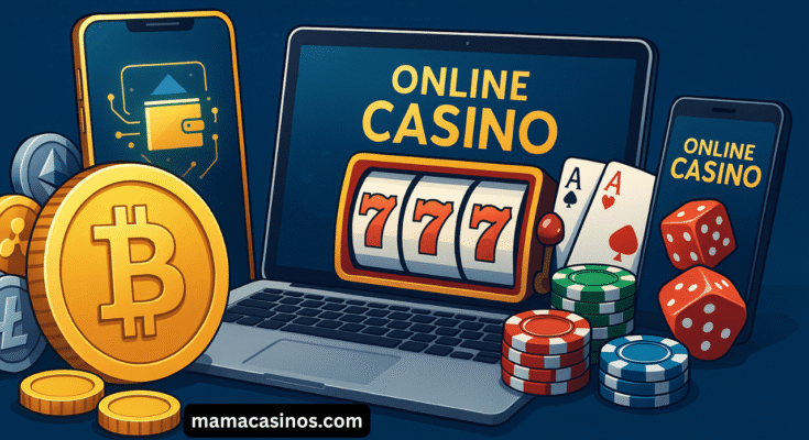 Digital illustration showing cryptocurrency coins and online casino elements, including slot reels, chips, and blockchain graphics.