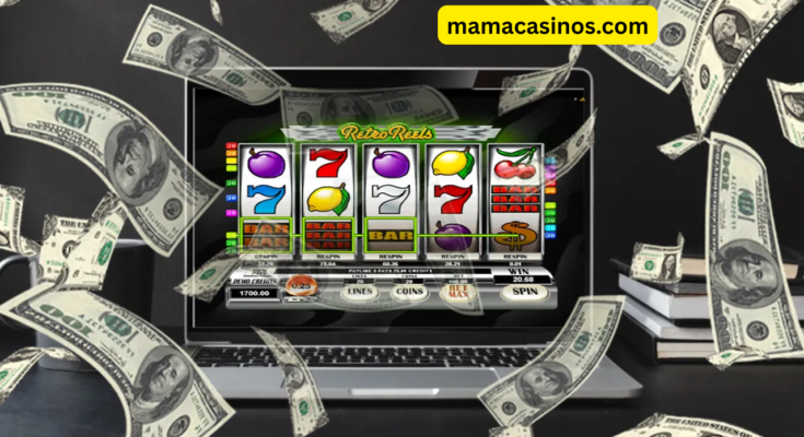 A person playing a real money slots game on a smartphone with coins and jackpot graphics