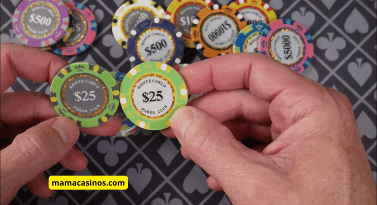 A stack of Monte Carlo poker chips in vibrant colors, symbolizing luxury, high-stakes gaming, and professional casino play.
