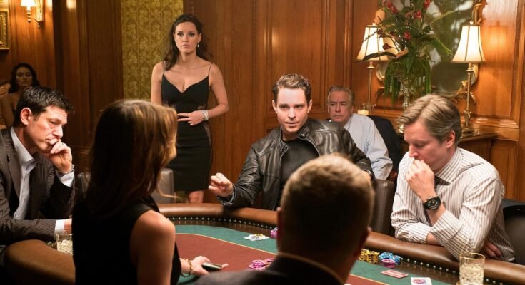 Collage of popular poker filmek, classic poker movies, and casino chips