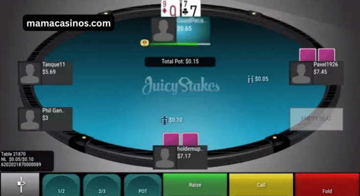 Juicy Stakes Poker platform displayed on a laptop screen with poker chips and cards on a professional poker table