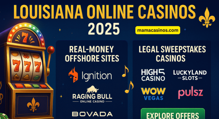 Louisiana online casino 2025 banner with slot machine and top gambling sites logos
