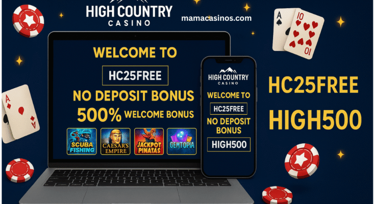 High Country Casino welcome screen with bonus codes and slot game icons on a laptop and mobile phone.