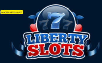 Liberty Slots Casino logo with bold review text on blue background