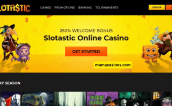 Slotastic Casino banner featuring slot reels, bonus chip icons, and free spins visuals with bold promotional text