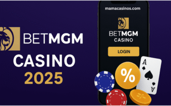BetMGM Casino promotional banner showing MGM lion logo, smartphone app, poker chips, and bonus offer