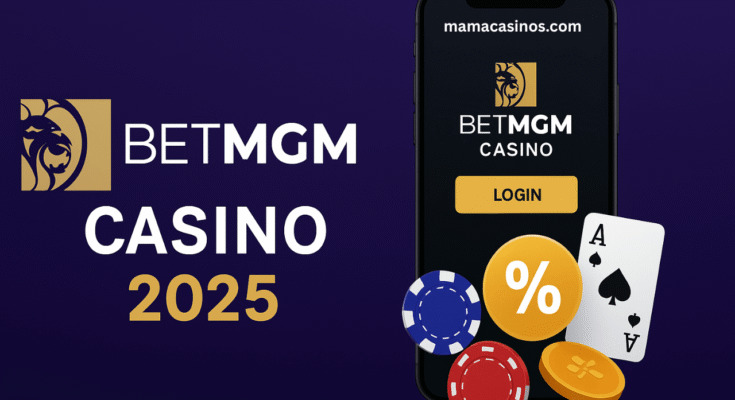 BetMGM Casino promotional banner showing MGM lion logo, smartphone app, poker chips, and bonus offer