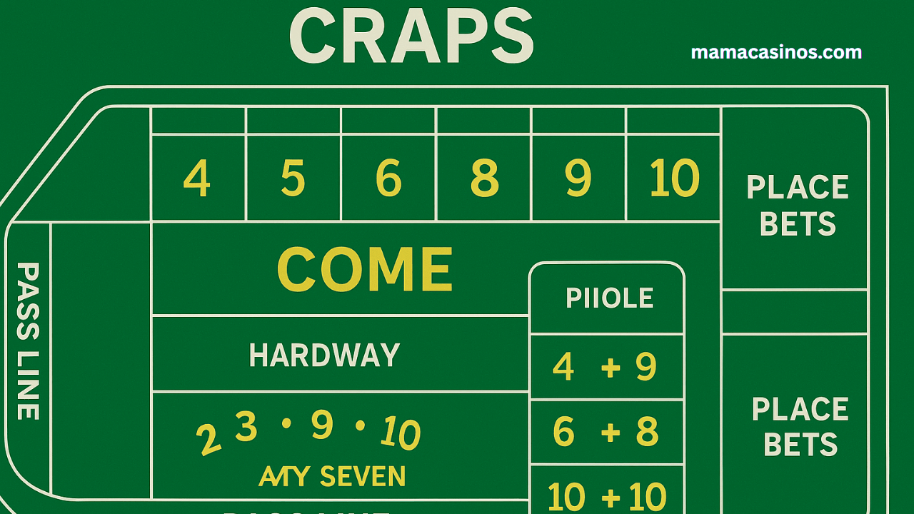 Craps table layout diagram showing betting areas including pass line, come, hardway, and place bets