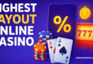 Highest payout online casino banner showing cards, poker chips, slot machine, and payout percentage icon