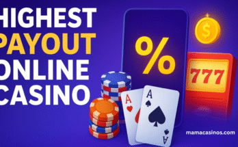 Highest payout online casino banner showing cards, poker chips, slot machine, and payout percentage icon