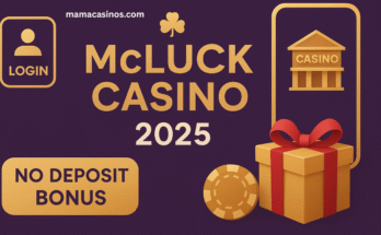 McLuck Casino 2025 promotional banner with login button, casino building icon, gift box, and no deposit bonus