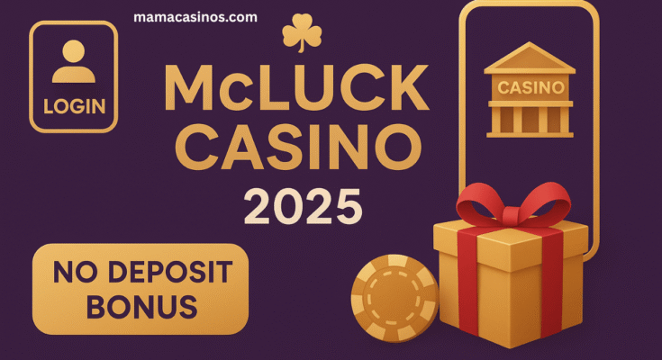 McLuck Casino 2025 promotional banner with login button, casino building icon, gift box, and no deposit bonus