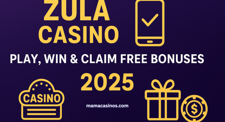 Zula Casino 2025 promotional banner with casino icons, smartphone, gift, and bonus visuals